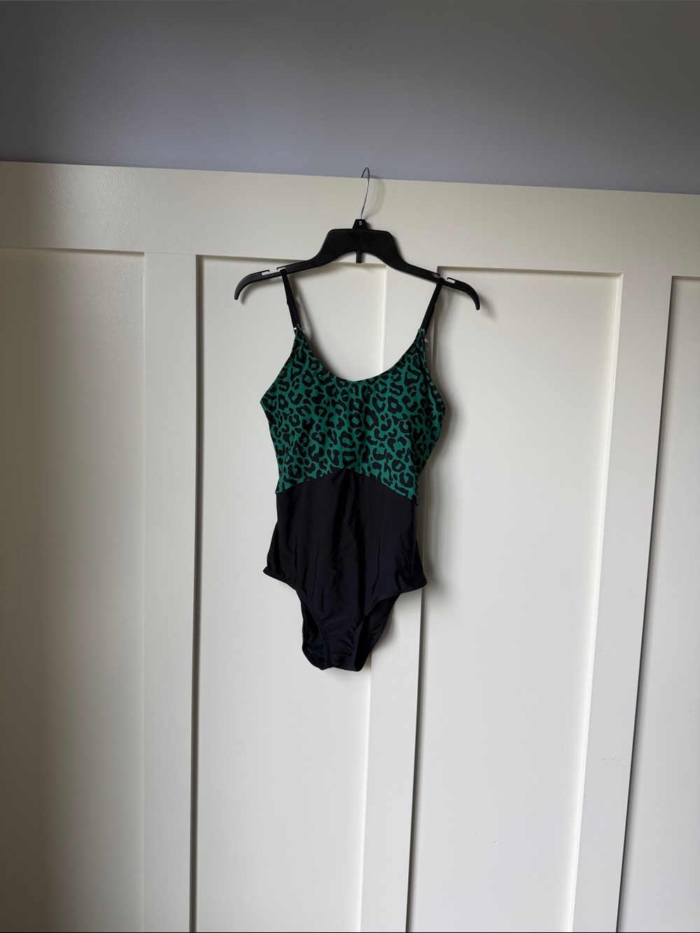 Green Leopard Print and Black One-Piece Swimsuit